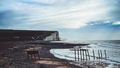 White cliffs of Dover with a dark, stormy sky