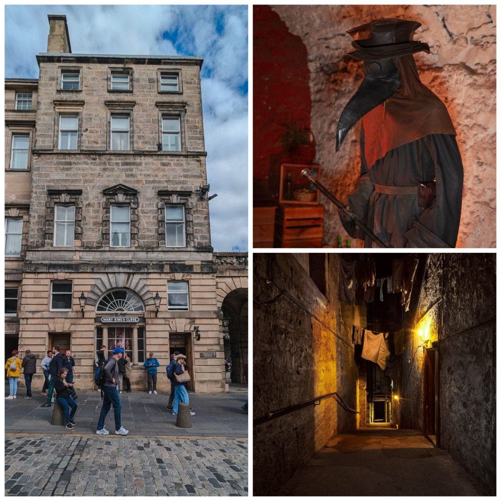 Exterior view of historic building of Mary King's Close and interior statue, Edinburgh ( Scotland ).