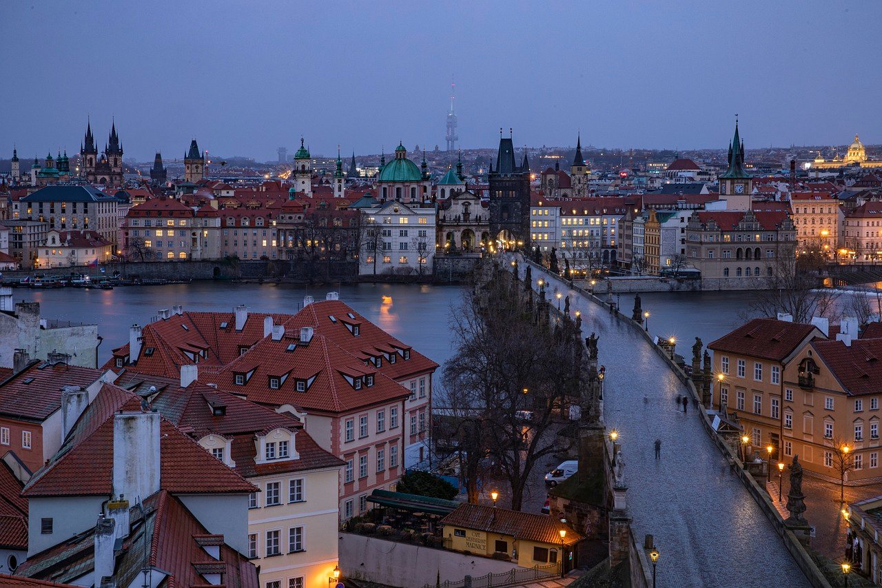 a beautiful night photo of downtown of a european city