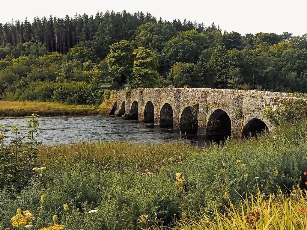 The historic Newport Bridge in County Mayo, surrounded by serene greenery and reflecting its stone arches over the tranquil water