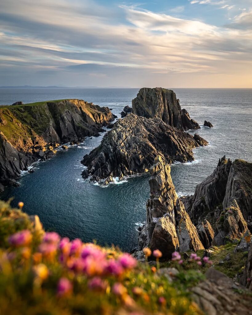 Malin Head in County Donegal, Ireland, showcasing dramatic rocky cliffs jutting into the Atlantic Ocean, vibrant wildflowers in the foreground, and a golden sunset sky illuminating the rugged coastline