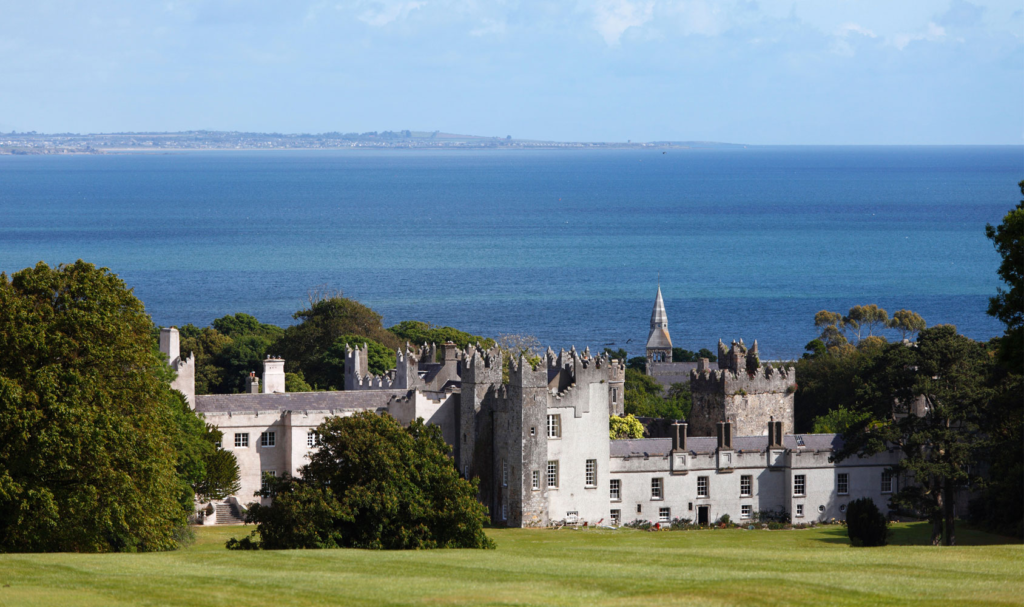 Howth castle with the sea in the background.