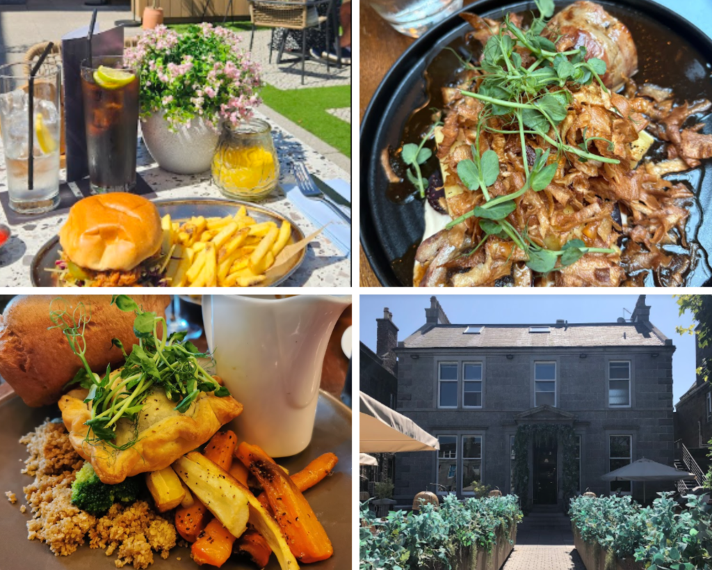 Collage of gourmet dishes and the exterior of a fine-dining Albyn Restaurant.