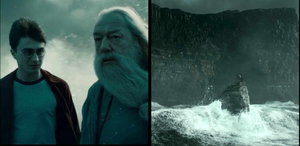 A scene from Harry Potter and the Half-Blood Prince, showing Harry Potter and Professor Dumbledore on the Cliffs of Moher