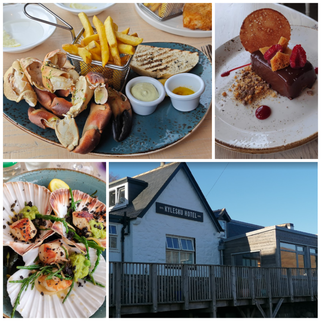 Collage of fresh seafood, desserts, and the Kylesku Hotel, a popular dining and stay destination.