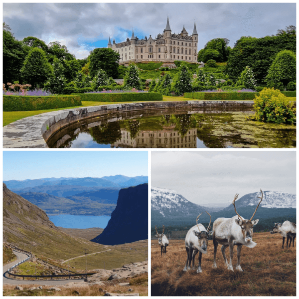 Dunrobin Castle with its stunning gardens, the winding Bealach na Bà road in the Highlands, and reindeer grazing in the snowy Cairngorms National Park.
